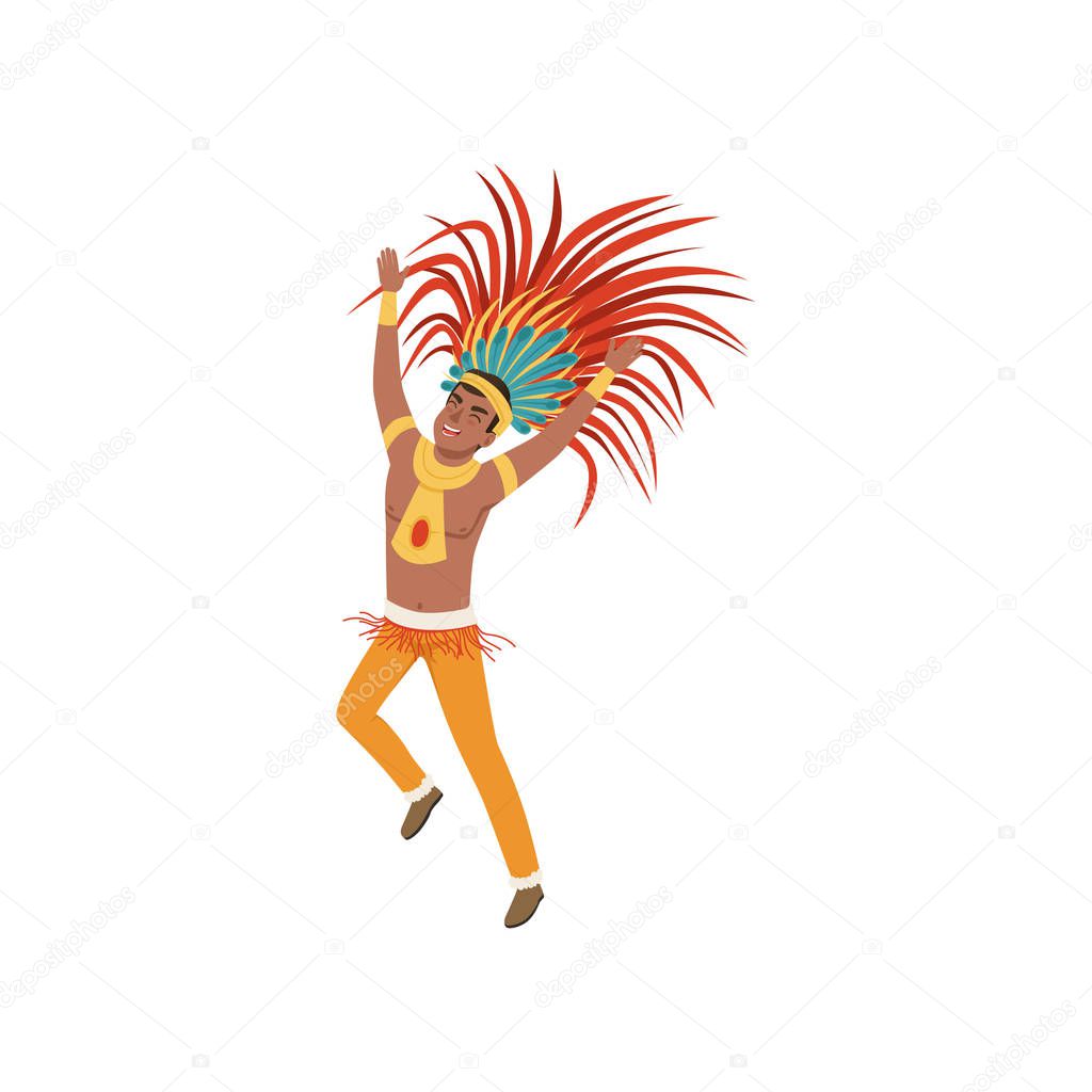 Aztec warrior man character in traditional clothes and headdress dancing vector Illustration on a white background