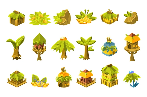 Video oyunu tropik orman tasarım öğeleri koleksiyonu — Stok Vektör