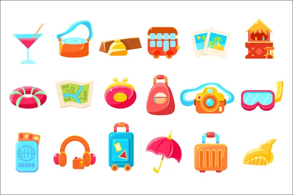 Travel Related Objects Colorful Simplified Icons — Stock Vector