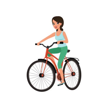 Genç gülümseyen kadın bisikleti aktif yaşam tarzı kavramı vektör çizimler beyaz bir arka plan Bisiklete binme