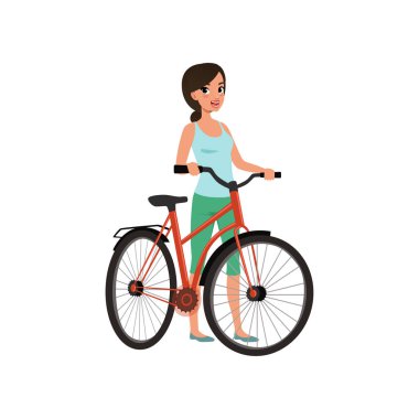 Spor Tekdüzen ayakta yanında onun bisiklet, aktif yaşam tarzı kavramı vektör çizimler beyaz bir arka plan güzel kadın