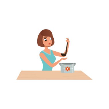 Genç kadın mutfakta pişirme kız casual giyim beyaz bir arka plan üzerinde sağlıklı yemek vektör çizim hazırlama