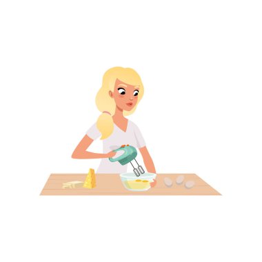Genç kadın karıştırıcılı, mutfak vektör çizim beyaz bir arka plan üzerinde sağlıklı yemek hazırlama kız hamur yoğurma