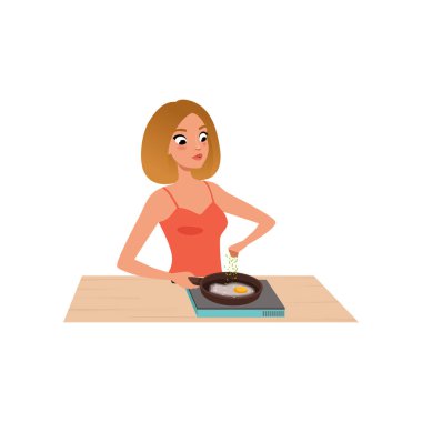 Genç kadın bir tavada kızartma yumurta, beyaz bir arka plan üzerinde kız mutfakta sağlıklı yemek hazırlama illüstrasyon vektör