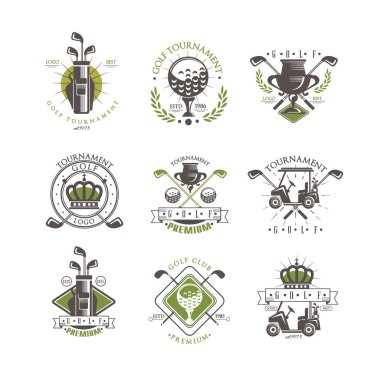 Golf Turnuvası logo koymak, golf Şampiyonası, spor kulübü, kartvizit için vintage etiket üzerinde beyaz bir arka plan illüstrasyon vektör