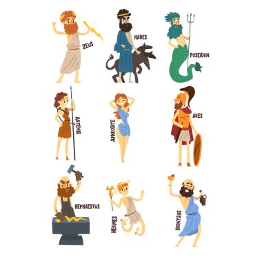 Olimpos Yunan tanrısı ayarla, Dionysos, Hermes, Hephaistos, Zeus, Hades, Poseidon, Afrodit, Artemis antik Yunan mitolojisindeki karakterler karakter vektör çizimler