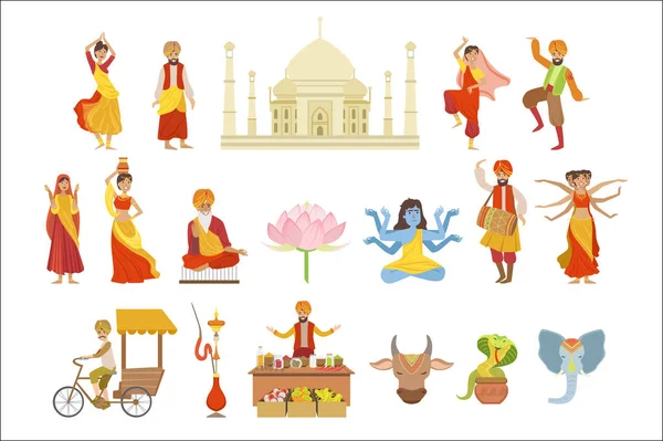 Dancing, Holy Cow and Other Indian Cultural Symbol Drawings — стоковый вектор