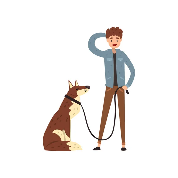 Young man walking his pet dog vector Illustration on a white background — Stock Vector