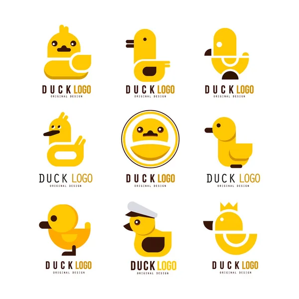 Conjunto de logotipo de pato, elementos de diseño con pato de goma de juguete amarillo para su propio vector de diseño Ilustraciones sobre un fondo blanco — Vector de stock