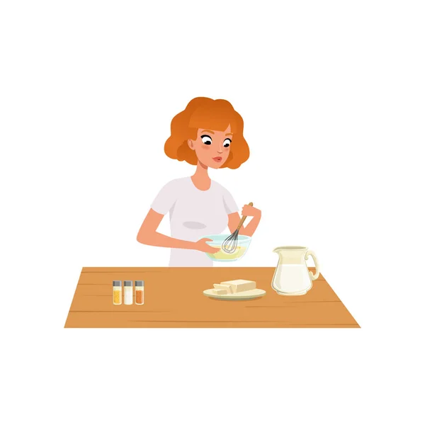 Young woman kneading dough, girl preparing healthy meal in kitchen vector Illustration on a white background — Stock Vector