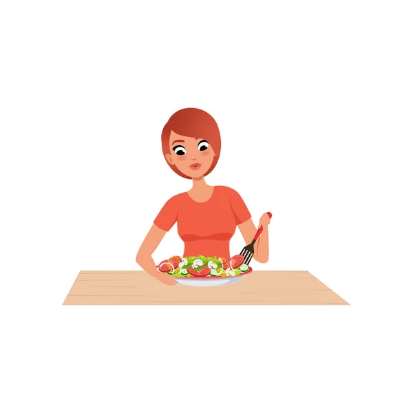 Mladá žena vaření salát, příprava zdravé jídlo v kuchyni vektorové ilustrace na bílém pozadí — Stockový vektor