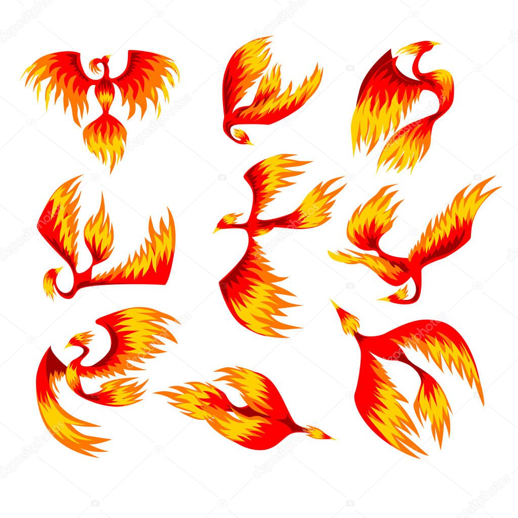 Flaming phoenix bird set, fairy tale character from Slavic folklore vector Illustrations isolated on a white background.