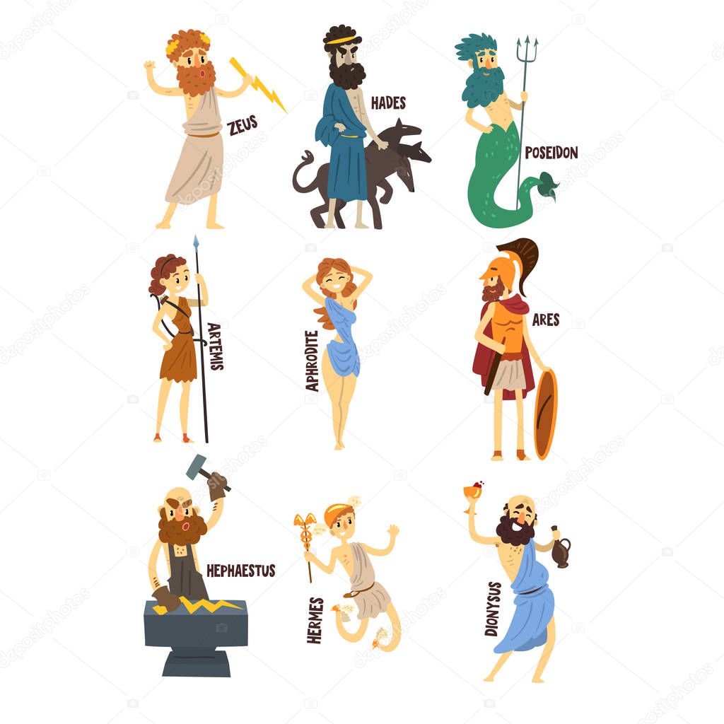 Olympian Greek Gods set, Dionysus, Hermes, Hephaestus,Zeus, Hades, Poseidon, Aphrodite, Artemis ancient Greece mythology characters character vector Illustrations