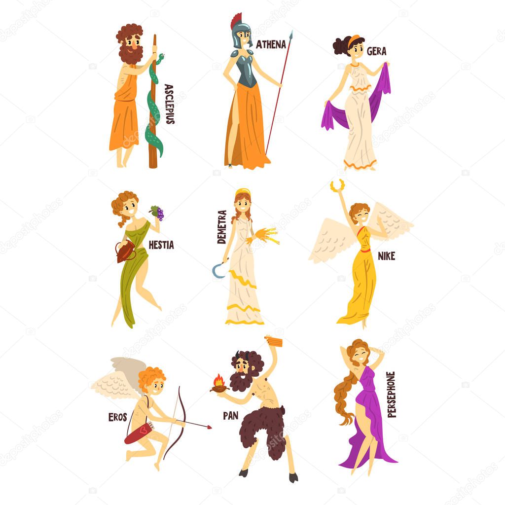 Olympian Greek Gods set, Persephone, Nike, Demetra, Hestia, Gera, Athena, Asclepius ancient Greece mythology characters character vector Illustrations on a white background