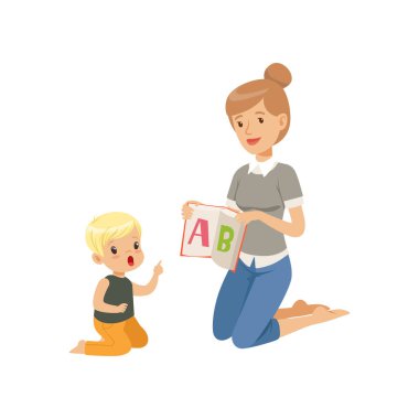 Katta oturan ve küçük çocuk, kadın çocuk alfabe, dil dersinde İlköğretim Okulu, okul öncesi eğitim öğretim için A harfi gösterilen ilköğretim öğretmeni illüstrasyon vektör