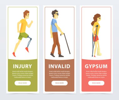 Engelli insanlar afiş set, protez bacak, kör adam, kadın bacağı kırıldı, yaralanma, geçersiz, alçı düz vektör ilustrations, Web sitesi veya hareket eden app için öğe ile koltuk değneği olan adam