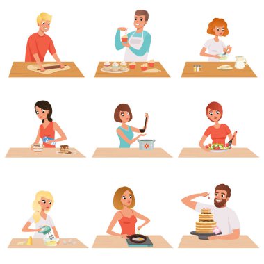 Genç adam ve kadın mini mutfak takımı, insanlar rahat giyim mutfak vektör çizimler beyaz bir arka plan üzerinde sağlıklı yemek hazırlama