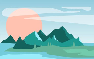 Güzel yaz doğal peyzaj, dağlar ve güneş ile doğanın sahne illüstrasyon vektör