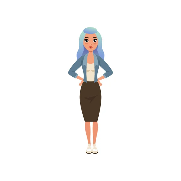 Vacker ung kvinna med lång blå färgat hår, snygg tjej i Modekläder vektor Illustration på vit bakgrund — Stock vektor