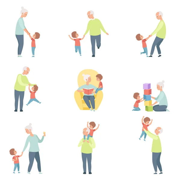 Opa und Oma, die mit ihrem Enkel spielen, spazieren gehen und Spaß haben, setzen Vektor-Illustrationen auf weißem Hintergrund — Stockvektor