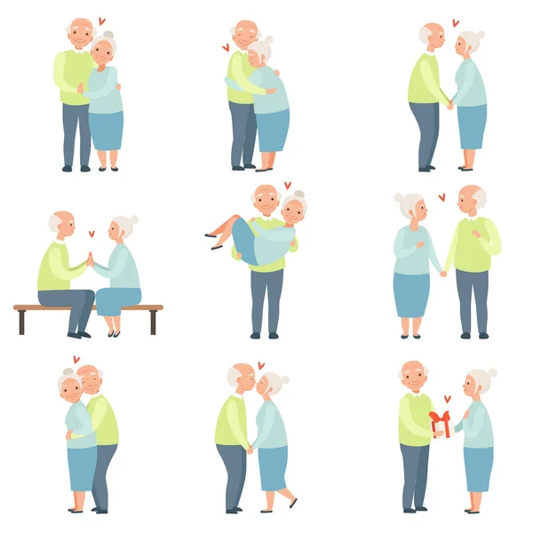 Senior man and woman having a good time together set, elderly romantic couple in love vector Illustrations on a white background — Stock Vector