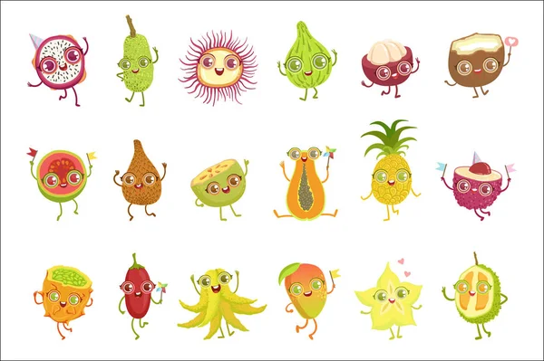 Tropical Fruits Girly Cartoon Characters Set — Stock Vector