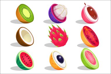 Tropikal meyve parlak simgeler yarım kümesi dilimlenmiş