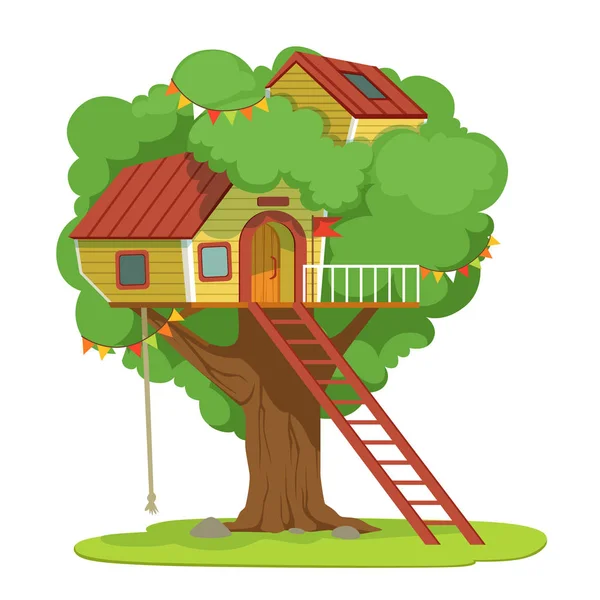 白地に緑の木ベクトル図に梯子の家 — ストックベクタ