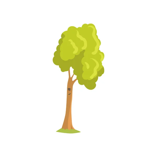 Árbol alto con expresión de cara sonriente. Planta forestal humanizada con follaje verde. Elemento natural del paisaje. Diseño de vector plano — Vector de stock