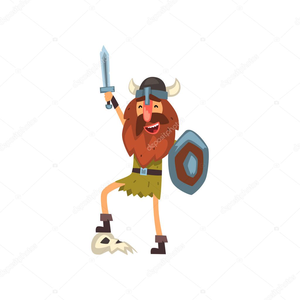 Viking celebrating victory with sword and shield, medieval cartoon character vector Illustration