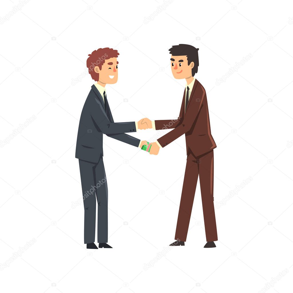 Businessman passing cash money to his corrupted partner, corruption and bribery concept vector Illustration