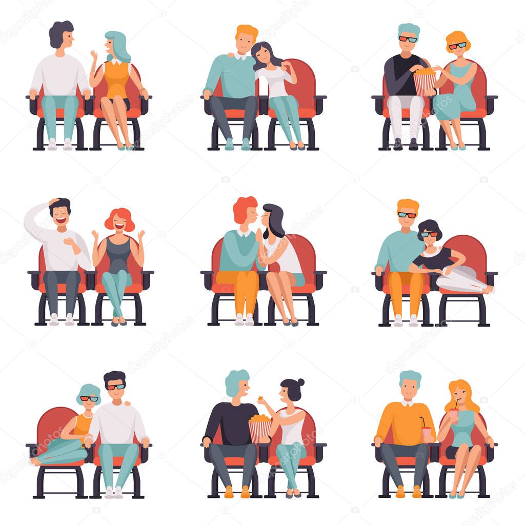 Couples sitting in cinema theatre and watching movie set, men and women on movie date vector