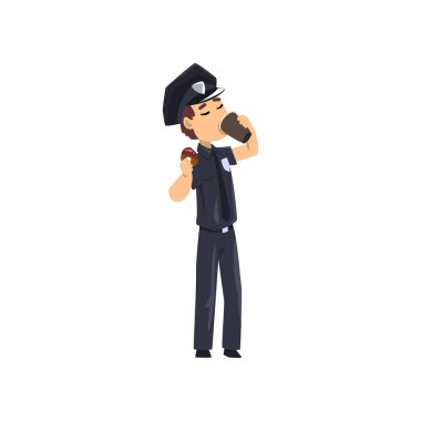 Beyaz bir arka plan üzerinde kahve içme ve çörek, polis karikatür karakter vektör yemek mavi üniformalı polis memuru izole