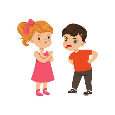 Cesur litlle kız uzaklaşmış vektör çizim beyaz bir arka plan üzerinde zorba durdurmaya çalışırken