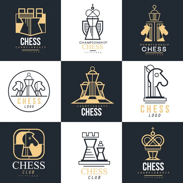 Chess logo set, design element for championship, tournament, chess club, business card, vlack and white vector Illustration — Stock Vector