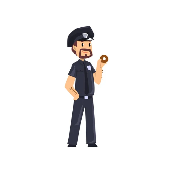 Polis stående med donut, polis seriefiguren vektor Illustration på vit bakgrund — Stock vektor