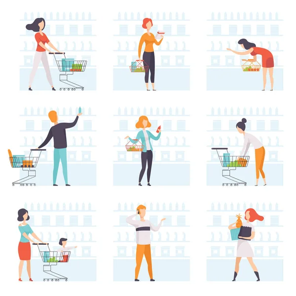Gente eligiendo productos, empujando carritos en el juego de la tienda de comestibles, hombre y mujer comprando en el vector del supermercado Ilustración sobre un fondo blanco — Vector de stock