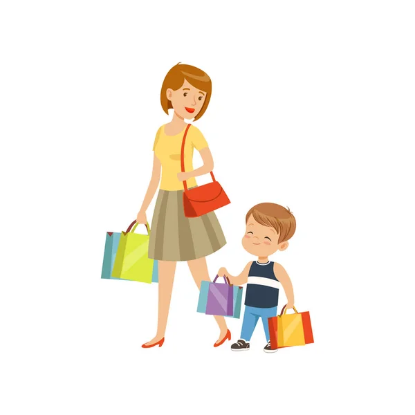 Niño ayudando a su madre a llevar bolsas de compras, niños buenos modales concepto vector Ilustración sobre un fondo blanco — Archivo Imágenes Vectoriales