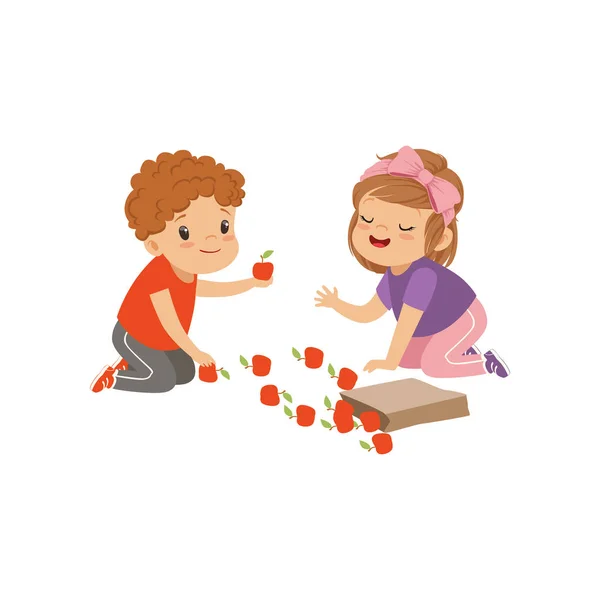 Cute Boy Girl Sitting Floor Playing Apples Kids Sharing Fruit — Stock Vector