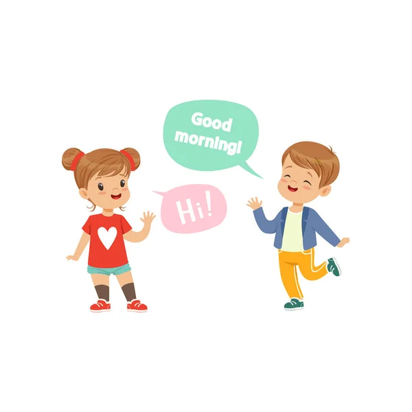 Garçon et fille se saluant, enfants bonnes manières concept vecteur Illustration sur fond blanc — Image vectorielle