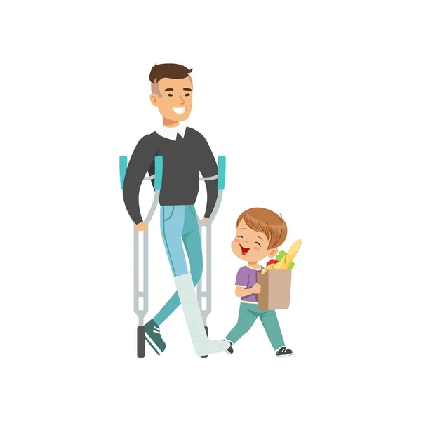 Jongetje helpen uitgeschakeld man carry bag, winkelen kinderen goede manieren concept vector illustratie op een witte achtergrond — Stockvector