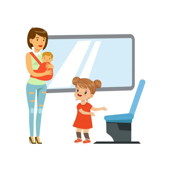 Liten flicka ger vika för kvinna med baby i kollektivtrafik, kids hyfs begreppet vektor Illustration på vit bakgrund — Stock vektor