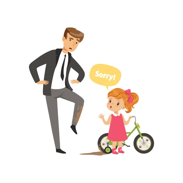 Girl apologizing to man in a suit who splashed with mud, kids good manners concept vector Illustration on a white background — Stock Vector