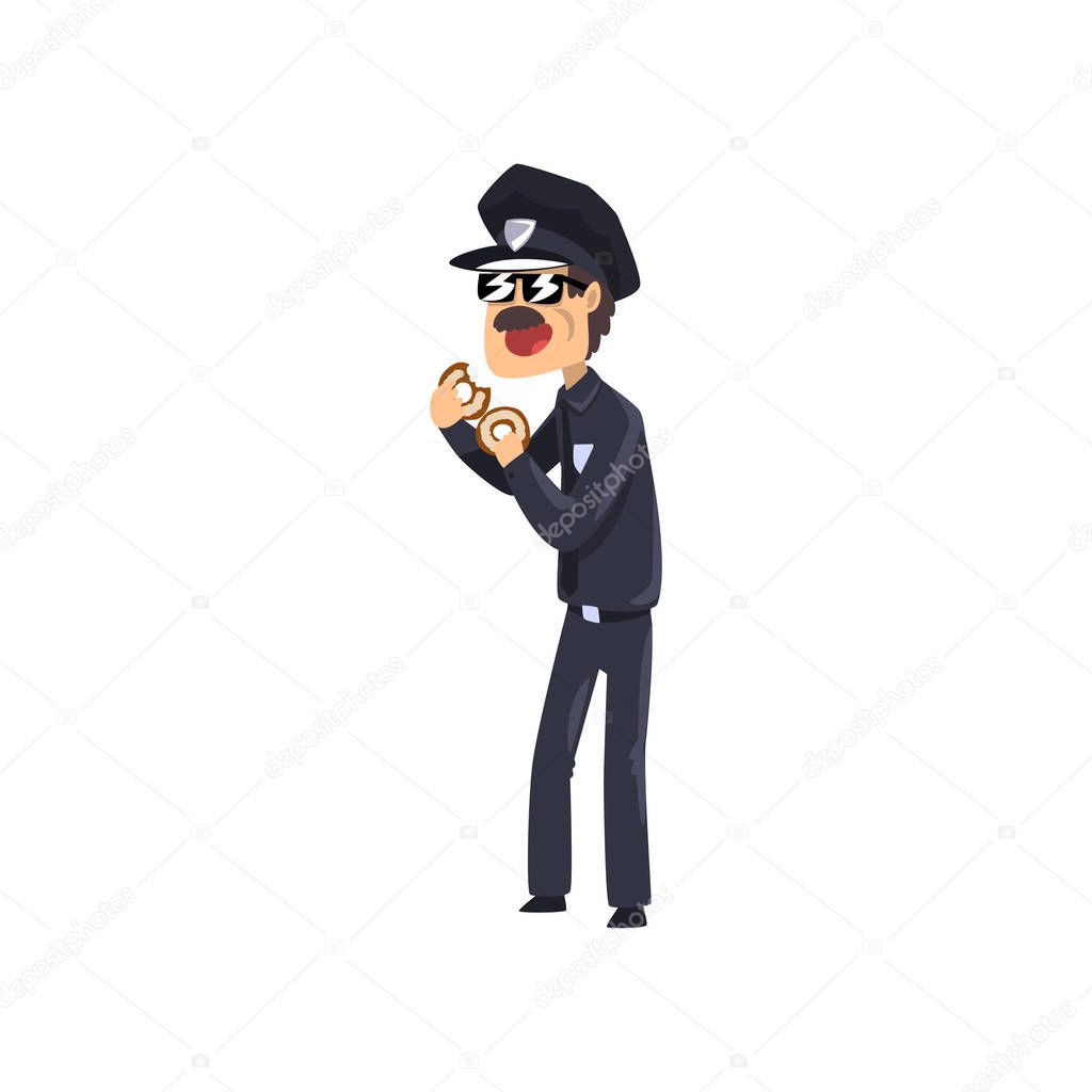 Police officer in blue uniform and sunglasses eating donut, policeman cartoon character vector Illustration on a white background