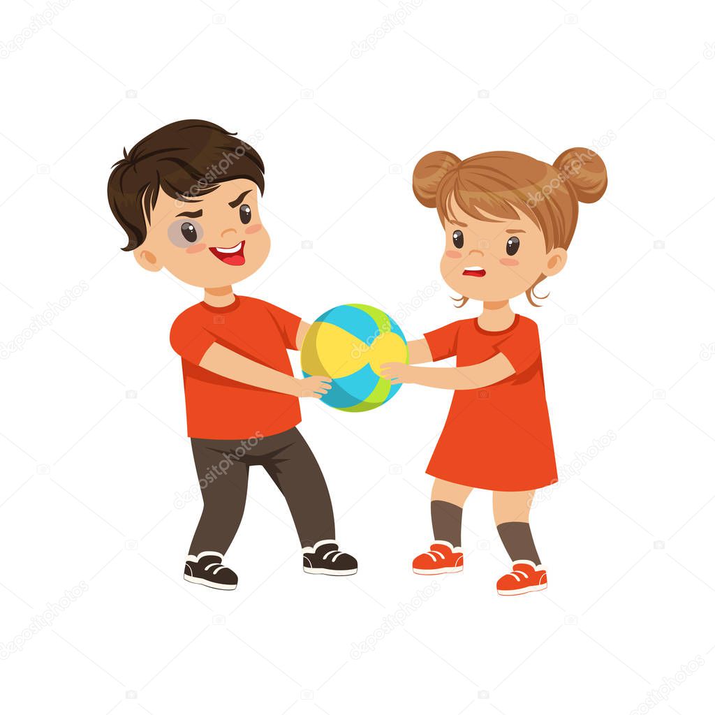 Boy and girl fighting for the ball vector Illustration on a white background