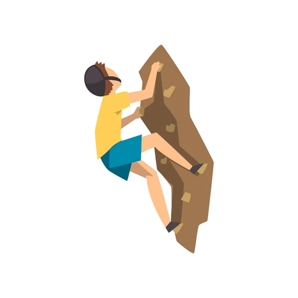 Escalador masculino en casco protector escalada roca montaña, deporte extremo y ocio concepto vector Ilustración sobre fondo blanco — Vector de stock