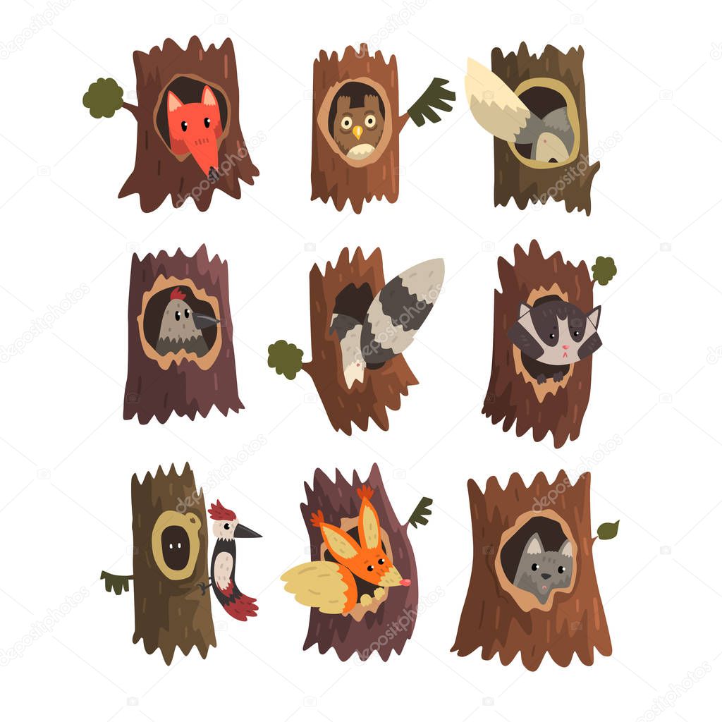 Cute animals and birds sitting in hollow of tree set, hollowed out old tree and fox, owl, wolf, raccoon, woodpecker and squirrel inside cartoon vector Illustrations on a white background