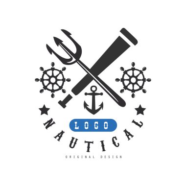 Deniz logo özgün tasarımı, Denizcilik Okulu, club, iş kimliği, deniz unsurları ile retro amblemi beyaz bir arka plan üzerinde ürünleri vektör çizim yazdırmak