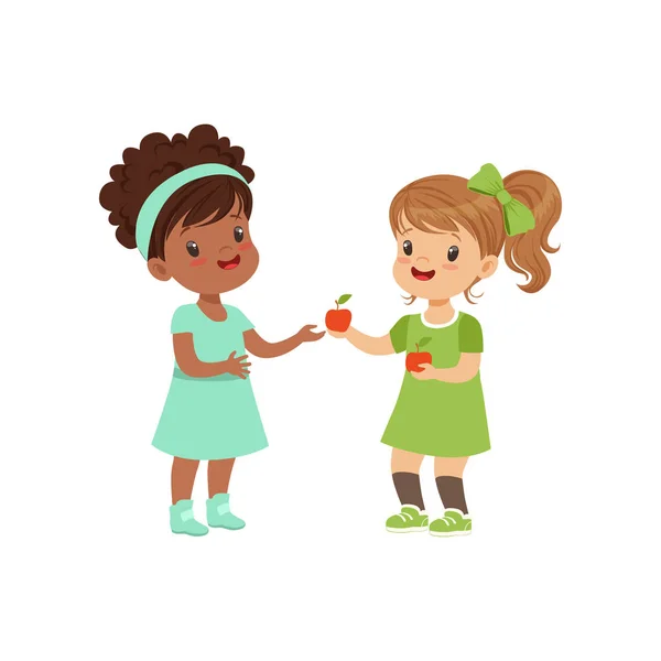 Doce menina dando uma maçã para outra menina, crianças compartilhando vetor de frutas Ilustração em um fundo branco — Vetor de Stock