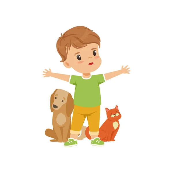 Brave little boy protecting and caring for animals vector Illustration on a white background — Stock Vector